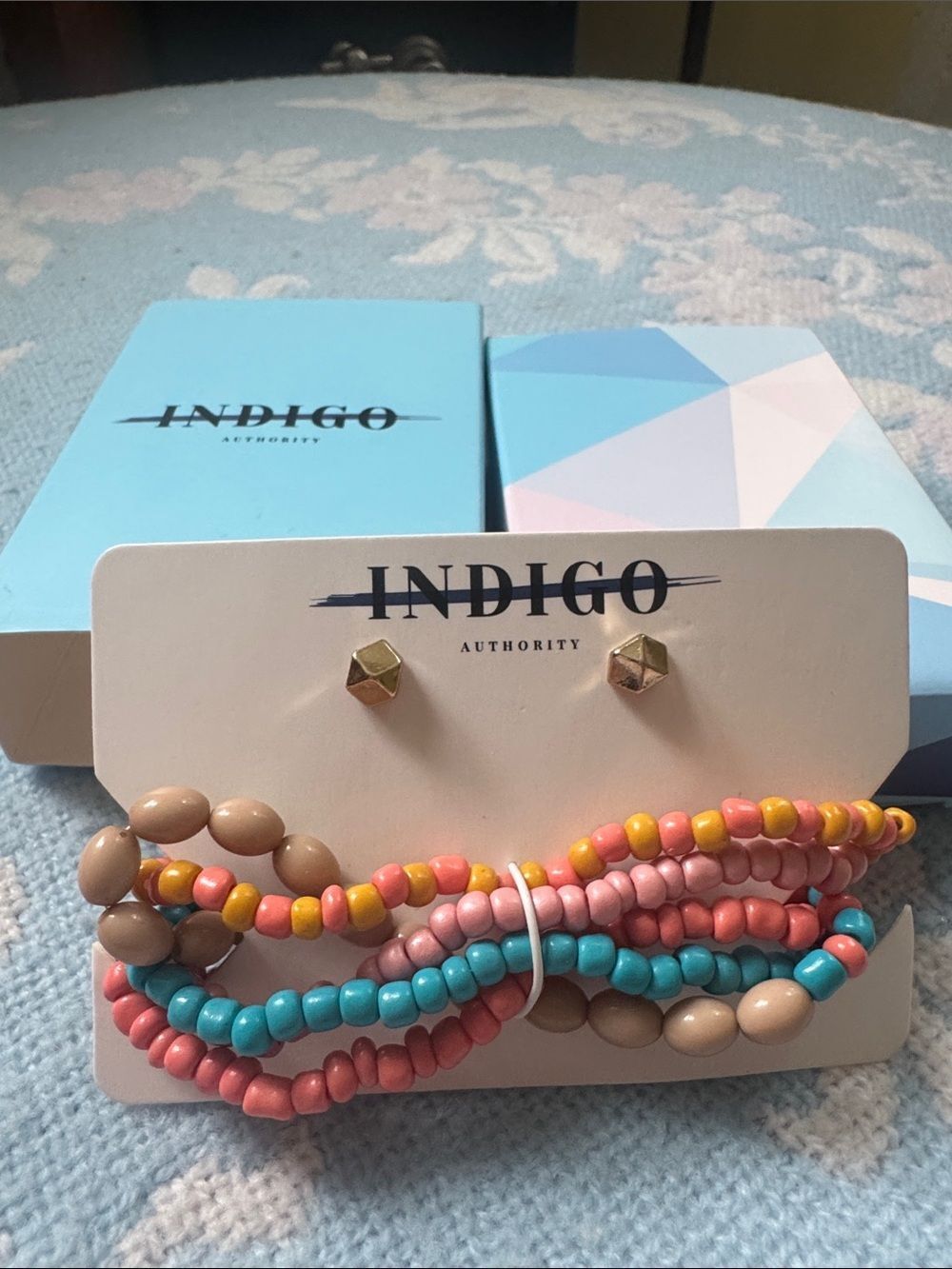 Indigo Authority Multicolor Beaded Bracelet Set with Gold-tone Stud Earrings